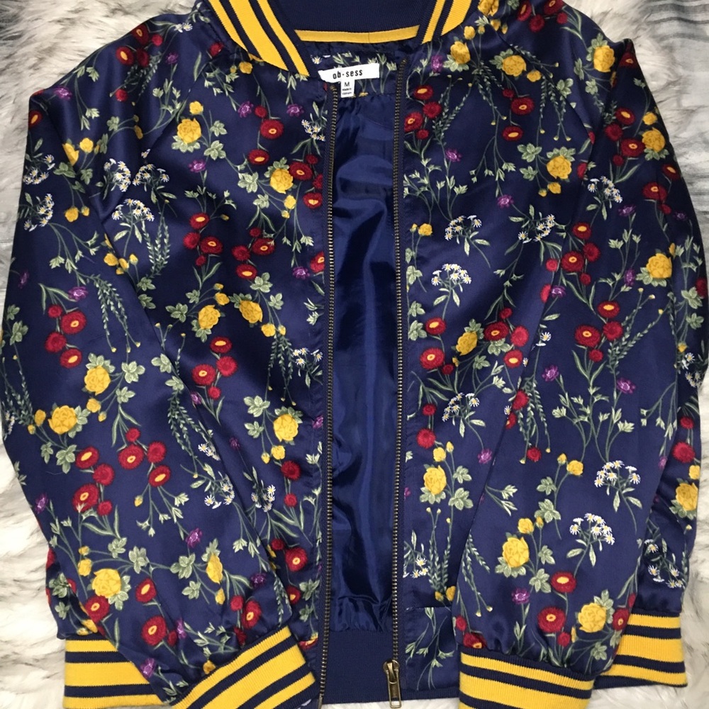 Obsess Flower Print Bomber Jacket Girls Sz Medium